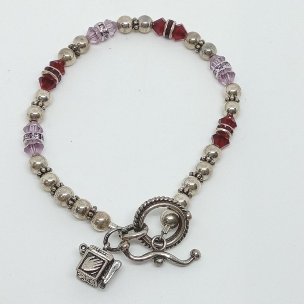 * 925 sterling silver Prayer Box charm bracelet ruby & lavender glass beads